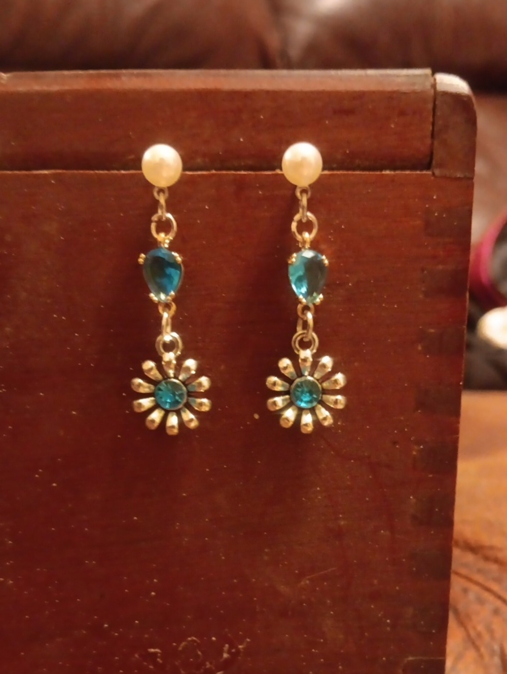 Gold-Tone Blue Crystal Daisy Drop Earrings